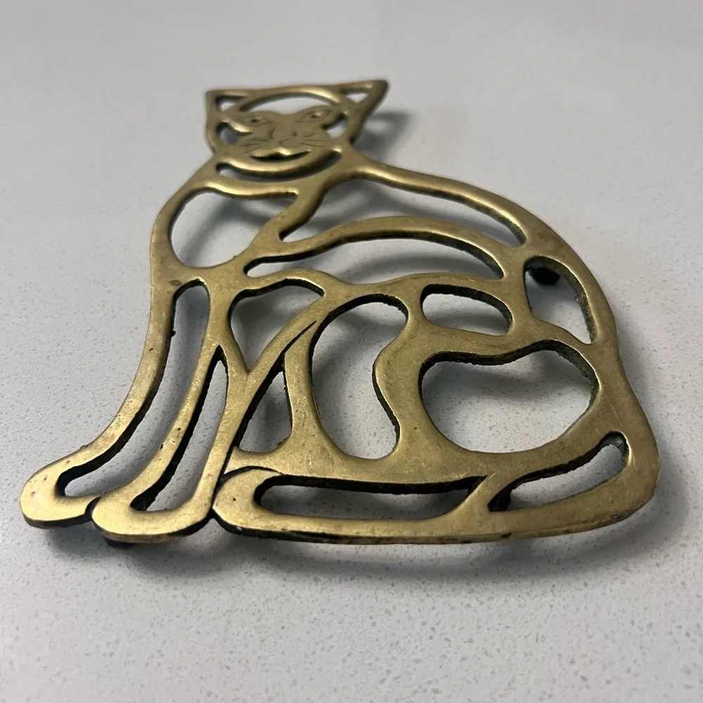 Vintage‎ 1980s Solid Brass Kitty Cat Trivet Stamped Mann